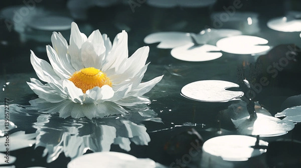 Fototapeta Serene white water lily blooming on calm water surface, surrounded by lily pads in tranquil setting