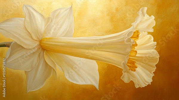 Fototapeta Elegant white daffodil flower blooming against a warm golden background, creating a serene atmosphere