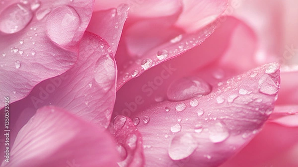 Fototapeta Close-up of pink flower petals with water droplets, creating a soft, dreamy atmosphere in nature
