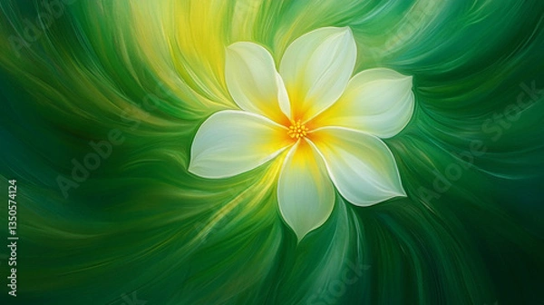 Fototapeta A vibrant, swirling green background featuring a delicate white and yellow flower at the center, symbolizing tranquility