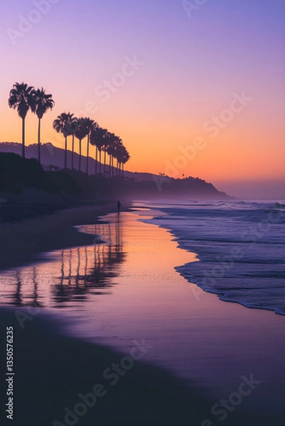 Fototapeta Tranquil Beach Sunrise: A Serene Morning Walk Along the Water's Edge as Palm Trees Sway in the Breeze