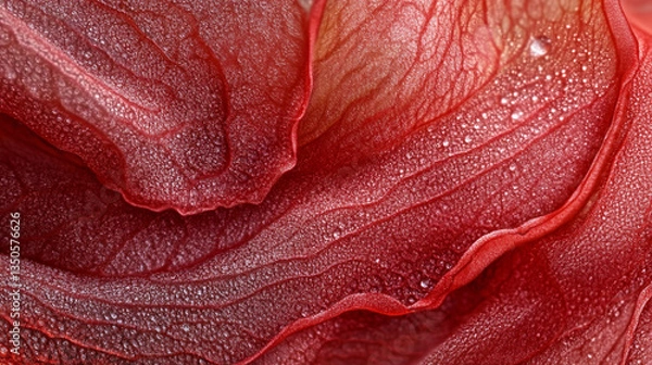 Obraz Close-up of delicate red flower petals with water droplets, showcasing intricate textures and layers