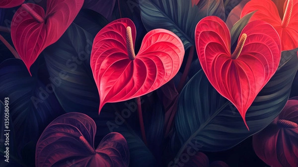 Fototapeta Vibrant heart-shaped red flowers surrounded by lush green leaves in a serene garden setting