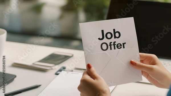 Obraz Close-up of a glowing envelope with a "Job Offer" stamp on a clean desk, symbolizing career opportunity and new beginnings in professional life.
