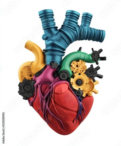 Fototapeta Mechanical heart with gears, pipes, and vivid colors on white background
