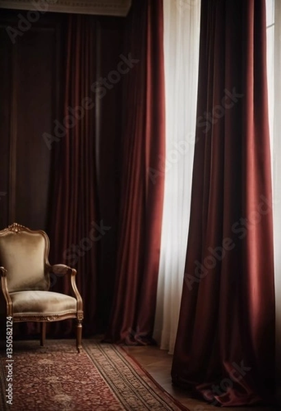 Fototapeta Rich hues of silk curtains elegantly frame a bright window, while a vintage chair invites relaxation in a cozy corner, radiating warmth and charm Generative AI