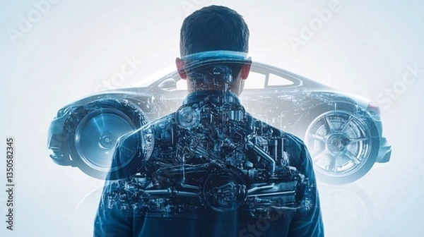 Fototapeta Double Exposure of an Automotive Engineer Contemplating Innovation Against a High-Performance Engine Cross-Section
