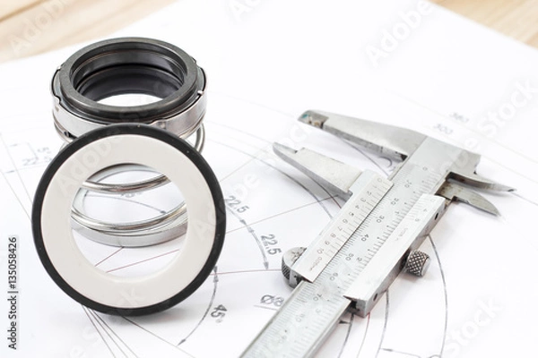 Obraz Mechanical Seals for prevent liquid leak for the industry with drawings on table working.