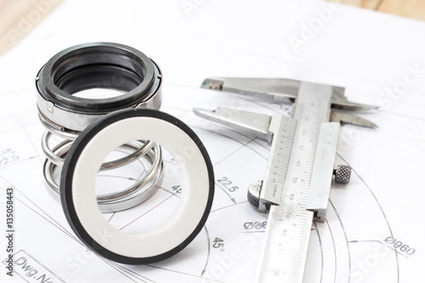 Obraz Mechanical Seals for prevent liquid leak for the industry with drawings on table working.