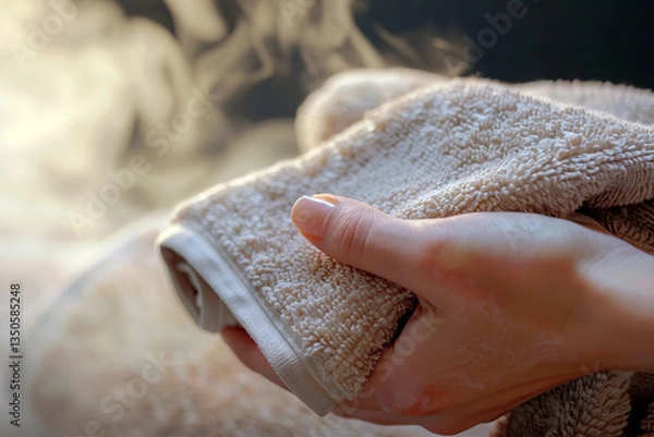 Fototapeta A freshly steamed towel is gently held in hand, radiating warmth and comfort.