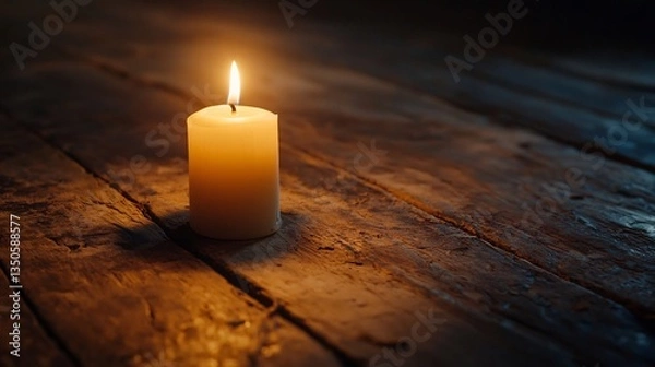 Fototapeta A glowing candle illuminates an old wooden table creating a cozy atmosphere