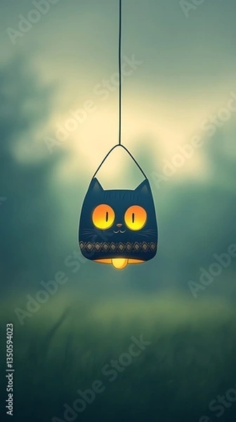 Fototapeta Glowing Cat Lantern for Misty Field, Dusk.