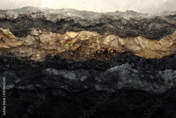 Fototapeta Layered earth strata reveal diverse soil types and geological history, showcasing colors and textures.