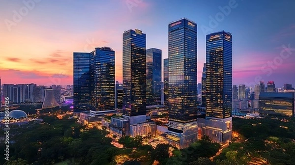 Obraz Stunning cityscape at twilight, featuring modern skyscrapers, lush greenery, and illuminated city lights