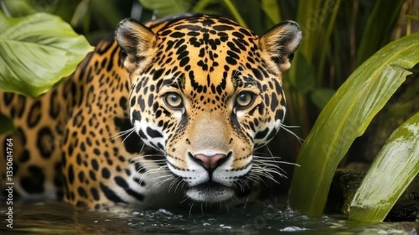 Fototapeta Closeup of a Jaguar Observing Its Surroundings in a Lush Tropical Environment with Water