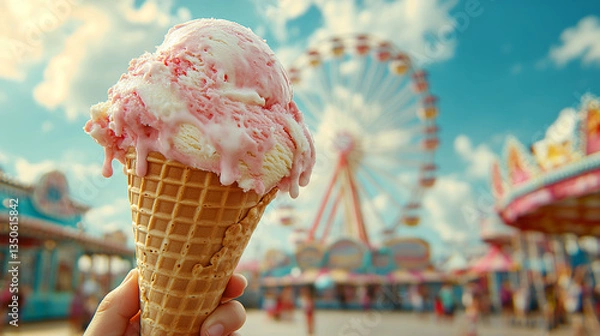 Fototapeta A child holding a giant ice cream cone on a sunny day