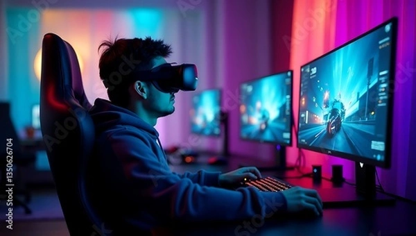 Fototapeta Immersive Gaming Experience: Man Using VR Headset in a High-Tech RGB-Lit Setup