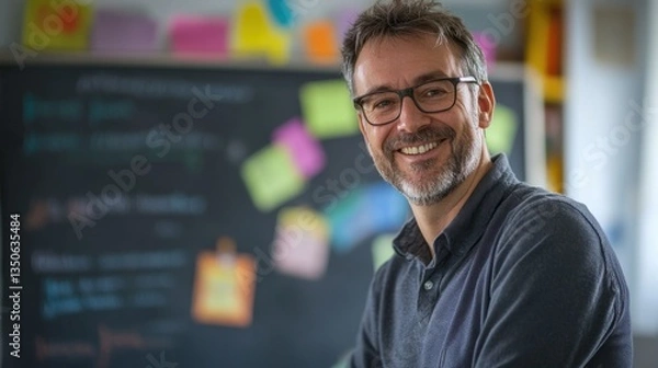 Fototapeta Smiling adult male educator in front of a chalkboard with colorful sticky notes and classroom materials promoting creativity and learning in an engaging environment