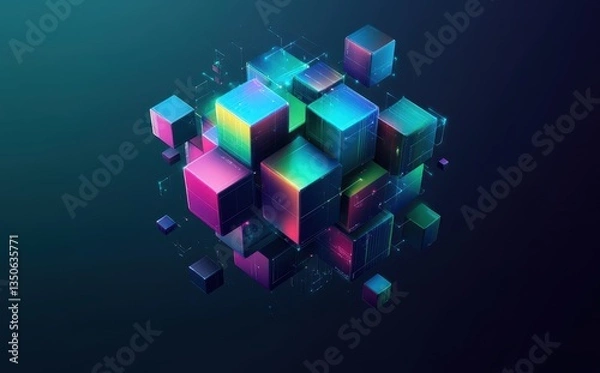 Fototapeta Colorful Abstract 3D Cubes Floating in Dark Space Representing Technology and Innovation in Modern Digital Art