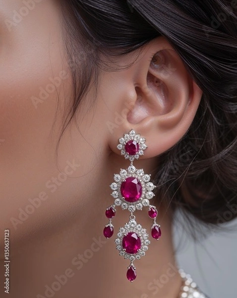 Fototapeta Close up of diamond studded silver earrings with ruby red gemstones