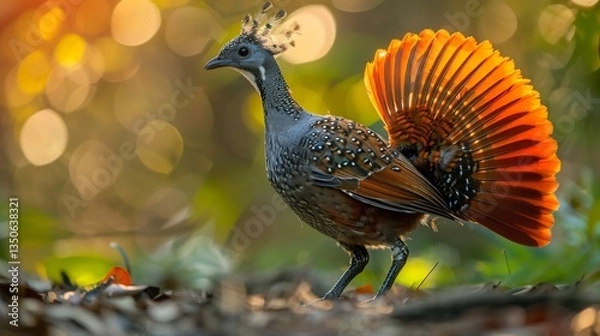 Fototapeta Superb lyrebird standing the forest floor elegant long tail feathers fanned out warm sunlight filtering through dense trees ultra detailed focus