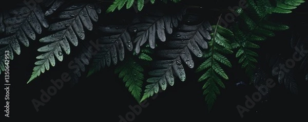 Fototapeta Fern leaves on dark background. Lush green and gray foliage. Moody nature concept. Botanical minimalism. Abstract forest texture. Environmental banner design with copy space.