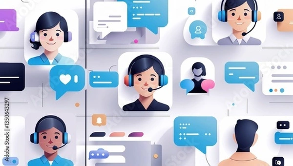 Fototapeta Customer Support Interface Icon, Virtual Customer Support Team with Live Chat Interface and Communication Icons