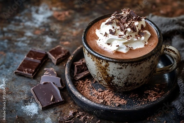 Obraz Rustic Hot Chocolate with Whipped Cream and Chocolate Shavings