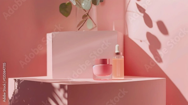 Fototapeta Stylish pink skincare products elegantly displayed on geometric podiums with soft shadows and foliage