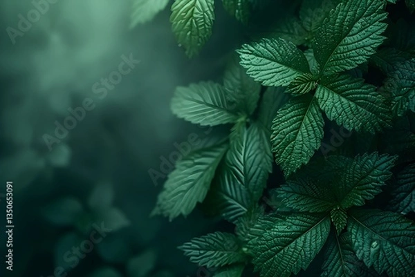 Fototapeta Fresh green leaves with water droplets in dark forest. Natural macro photography. Concept of nature vitality, herbal medicine, and ecology. Top view with copy space.