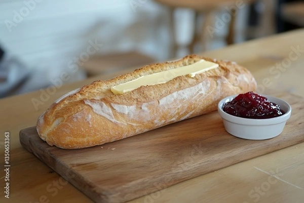 Obraz Buttered baguette with cranberry sauce on rustic wooden board