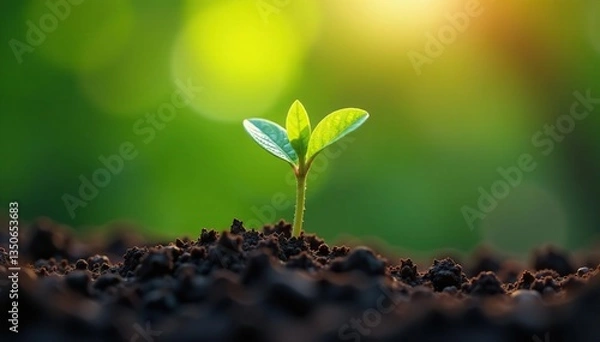 Fototapeta A small sprout growing from the ground against natural light, nature, small, stem