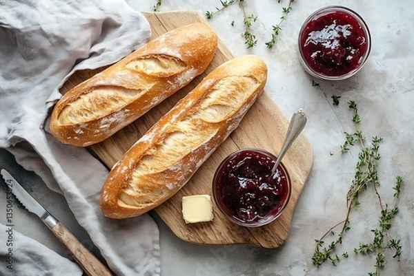 Obraz Rustic Wooden Board with Two Baguettes, Butter, and Cranberry Jam