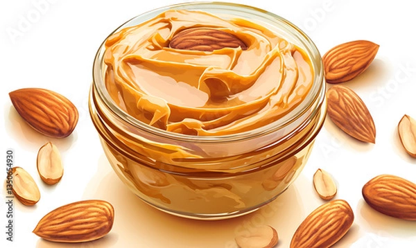 Fototapeta Realistic and artistic representations of almonds, almond farming, processing, and almond-based all isolated on a white background.