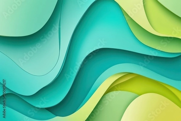 Fototapeta An abstract background featuring vibrant paper-cut shapes in shades of teal, lime green, and soft yellow