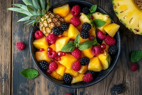 Obraz Vibrant Tropical Fruit Salad with Mini Pineapple & Fresh Mint