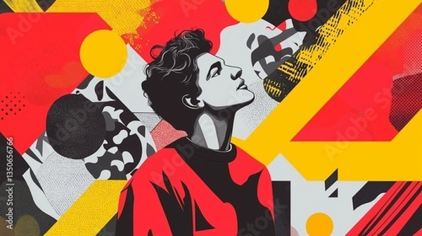 Fototapeta 飛行機や本やキーボードが舞う夢の中の世界 女の子が中心に広がるファンタジックな背景素材 カラフルなデザインと雲や花が躍動するポップなグラフィックイラスト