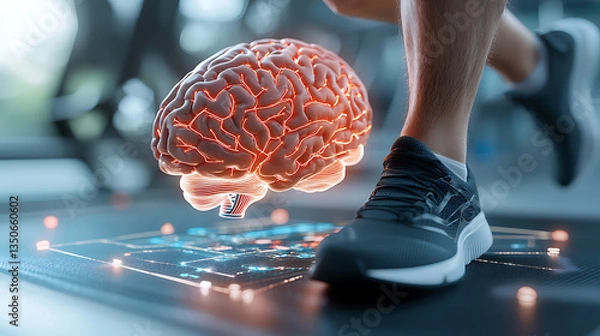 Fototapeta Dynamic fitness and cognitive development brain and running foot in gym environment abstract fitness concept vibrant colors