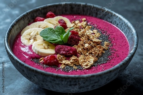Obraz Vibrant Beetroot Smoothie Bowl with Banana, Raspberries, Granola, and Chia Seeds