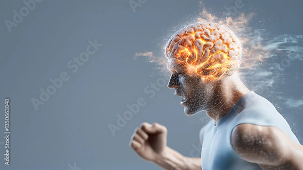 Fototapeta Dynamic athletic figure with glowing brain effects energetic motion abstract art studio setting close-up view mind-body connection