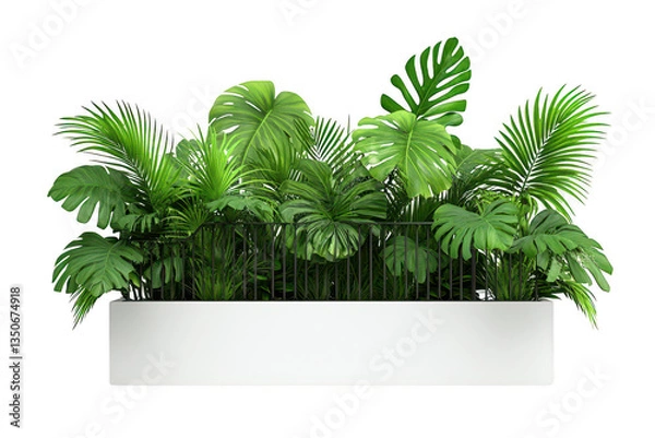 Fototapeta A Lush green plants in modern white planter create vibrant and refreshing atmosphere, perfect for enhancing indoor spaces with touch of nature and tranquility