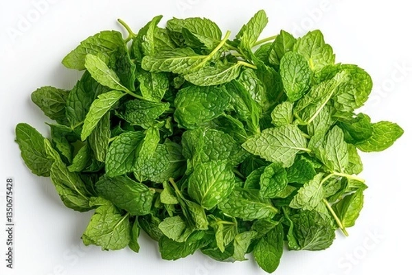 Fototapeta A beautiful scatter of diced mint leaves, fresh and crisp, arranged for food decoration, isolated on a white background