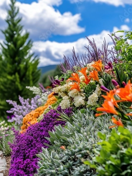 Fototapeta A colorful garden with various ornamental plants and flowers in a planned landscape design with blue sky and clouds