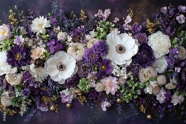 Fototapeta Beautiful background featuring a flowing bouquet of purple, gold, green and white flower arrangement