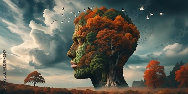 Fototapeta **
Surreal artwork of a human head merging with nature, composed of trees, leaves, and birds, symbolizing harmony with the environment, mindfulness, sustainability, and ecological awareness.


