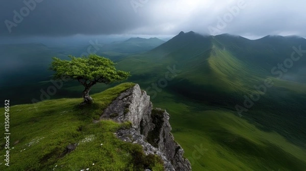 Obraz Majestic mountain vista, solitary tree atop a craggy peak, dramatic sky.  A breathtaking panoramic landscape of lush green valleys and towering mountains. 