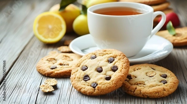 Fototapeta Delicious Chocolate Chip Cookies with Tea and Fruit