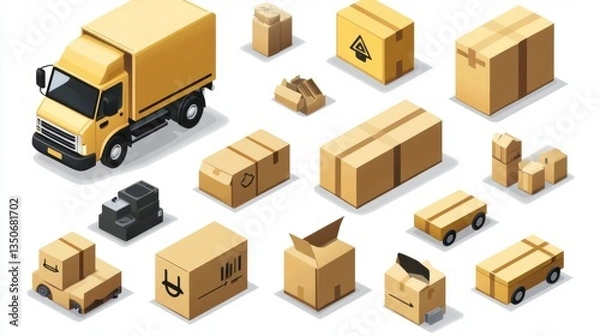 Obraz Isometric illustration of various cardboard boxes and a delivery truck, showcasing different package sizes and delivery methods. The image is clean, simple, and uses a consistent color palette.