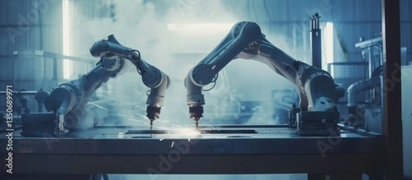Fototapeta Robot arms working together to mill a metal surface.