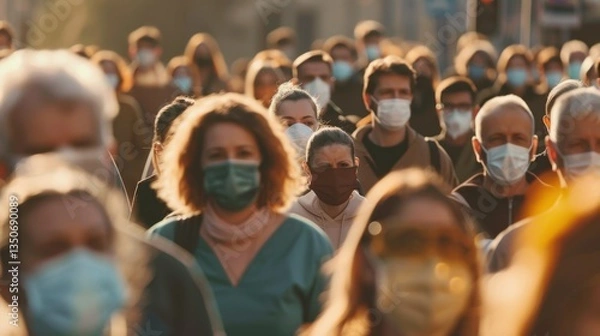 Obraz Crowd of Unidentified Individuals Wearing Surgical Masks in Public Space